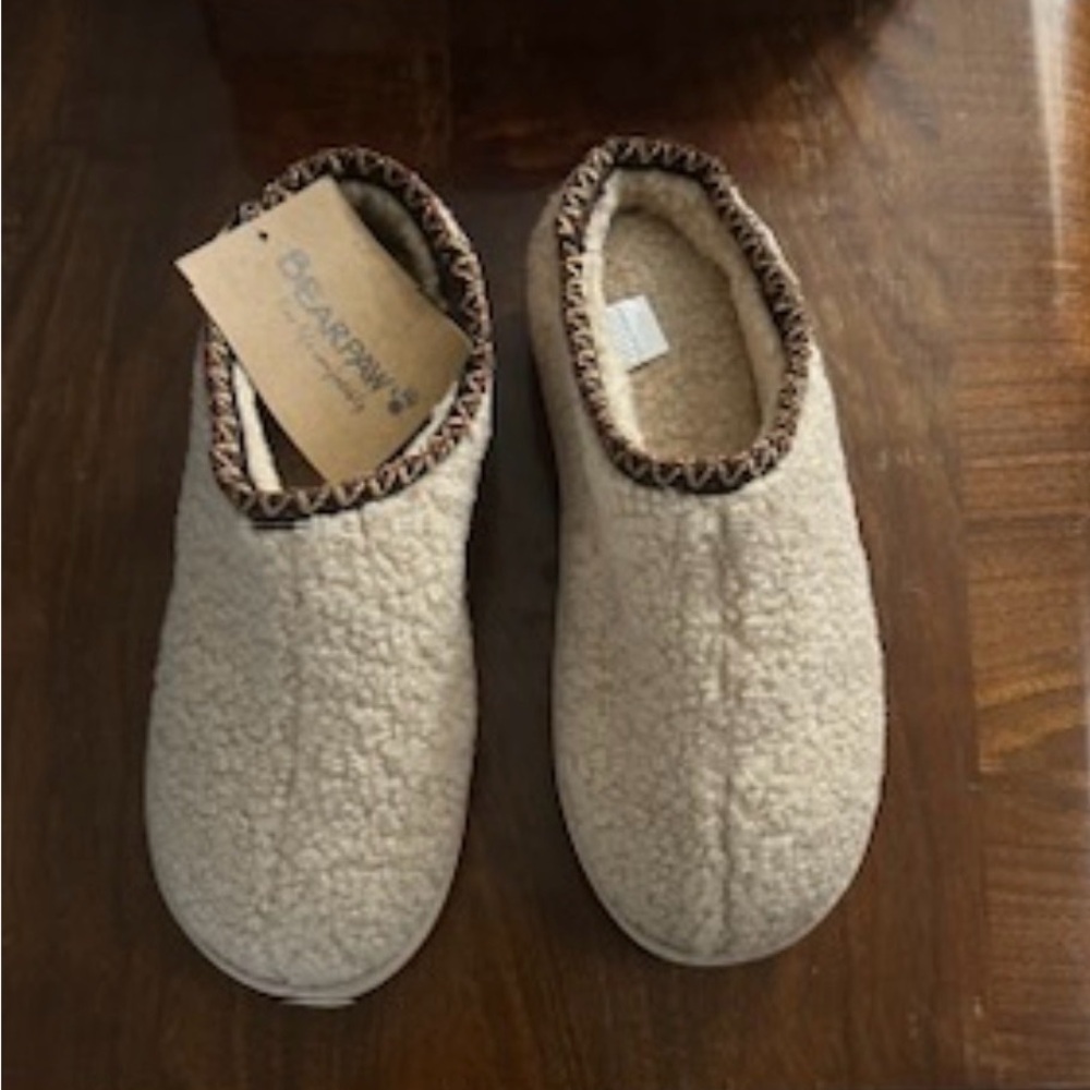 BearPaw Cream Sherpa Slip-On House Shoes with Brown Trim